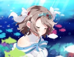 Rule 34 | 10s, 1girl, air bubble, bare shoulders, blurry, bow, breasts, brown hair, bubble, commentary request, depth of field, earrings, closed eyes, fish, floating hair, jewelry, love live!, love live! school idol festival, love live! sunshine!!, short hair, solo, sunlight, totoki86, underwater, watanabe you