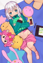 Rule 34 | 10s, 1girl, agnam ore, bad id, bad pixiv id, blue eyes, bow, drawing tablet, eromanga sensei, feet, from above, hair bow, highres, izumi sagiri, jacket, long hair, looking at viewer, lying, mask, mole, mole on stomach, navel, no shoes, hugging object, on back, pajamas, pajamas pull, panties, pink bow, pink pajamas, pink panties, side-tie panties, silver hair, socks, solo, stuffed toy, stylus, underwear