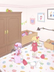Rule 34 | 2girls, armoire, ascot, bare legs, bat wings, blonde hair, blue hair, bobby socks, character doll, chibi, child&#039;s drawing, cirno, commentary request, drawing (object), embodiment of scarlet devil, flandre scarlet, food, from above, gundam, hair ribbon, hakurei reimu, hat, hat ribbon, heart, highres, holding, holding clothes, holding skirt, hong meiling, indoors, izayoi sakuya, kanpa (campagne 9), kneeling, koakuma, laevatein, lavender headwear, lavender legwear, lavender shirt, lavender skirt, looking to the side, macaron, mob cap, multiple girls, no pants, pajamas, patchouli knowledge, picking up, picture frame, polka dot, puffy short sleeves, puffy sleeves, purple socks, red ascot, red eyes, remilia scarlet, ribbon, rug, rumia, shadow, shirt, short hair, short sleeves, siblings, side ponytail, sisters, skirt, smile, socks, star (symbol), stuffed animal, stuffed toy, teddy bear, touhou, toy box, toy robot, undressing, unworn headwear, unworn shirt, unworn skirt, unworn vest, white shirt, wings, wooden floor