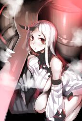 Rule 34 | 10s, 1girl, abyssal ship, akagi asahito, bare shoulders, blush, breasts, claws, detached sleeves, dress, highres, horns, kantai collection, large breasts, long hair, looking at viewer, pale skin, red eyes, ribbed dress, seaport princess, short dress, single horn, steam, very long hair, white hair