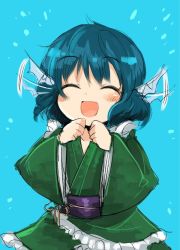 Rule 34 | 1girl, bad id, bad pixiv id, blue background, blue hair, blush, clenched hands, closed eyes, ear wiggle, fins, happy, harusame (unmei no ikasumi), head fins, japanese clothes, kimono, long sleeves, obi, open mouth, sash, short hair, smile, solo, touhou, wakasagihime, wide sleeves