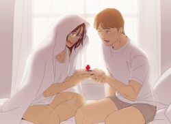 Rule 34 | 1boy, 1girl, backlighting, boxers, breasts, brown eyes, brown hair, candy, commentary, couple, curtains, food, hange zoe, hanpetos, hetero, jewelry, male underwear, moblit berner, open mouth, ring, ring pop, shingeki no kyojin, shirt, sitting, small breasts, smile, tank top, under covers, underwear, white shirt, white tank top, window