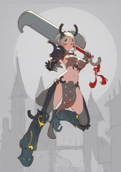 Rule 34 | 1girl, :o, armor, bikini armor, boots, breasts, commentary, gauntlets, grey background, grey thighhighs, highres, holding, holding sword, holding weapon, horns, large breasts, looking at viewer, navel, original, over shoulder, pauldrons, pelvic curtain, ponytail, red eyes, short hair, shoulder armor, silver hair, solo, sword, thigh boots, thighhighs, timbougami, unfinished, weapon, weapon over shoulder