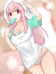 Rule 34 | 1girl, after bathing, blush, breasts, cleavage, cowboy shot, dripping, food, hakuma510, highres, large breasts, long hair, looking at viewer, navel, nitroplus, no pants, panties, pantyshot, pink eyes, pink hair, popsicle, red eyes, shirt, solo, standing, steam, striped clothes, striped panties, super sonico, t-shirt, taut clothes, taut shirt, thighs, towel, towel on head, underwear