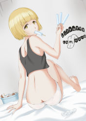 Rule 34 | 1girl, ass, back, barefoot, bed, bed sheet, bleach, blonde hair, blunt bangs, bob cut, butt crack, character name, feet, food, from behind, ice cream, kusakabelover, liltotto lamperd, looking at viewer, looking back, mouth hold, on bed, panties, popsicle, quincy (bleach), short hair, sitting, solo, trash can, underwear, white panties, yellow eyes