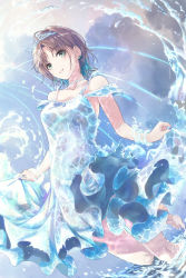 Rule 34 | 1girl, ahoge, asakura toru, barefoot, blue dress, blue eyes, blue hair, blue sky, blush, brown hair, choker, commentary request, day, dress, dutch angle, gradient hair, green eyes, grin, hi-ho-, highres, idolmaster, idolmaster shiny colors, in water, looking at viewer, multicolored hair, nail polish, outdoors, parted bangs, purple nails, short hair, sky, smile, solo, tiara, wading, water dress
