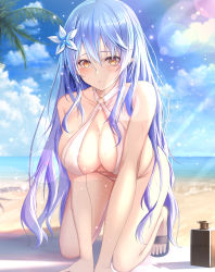 Rule 34 | 1girl, all fours, alternate costume, bare legs, beach, beach towel, bikini, blue hair, blue sky, blush, breasts, cleavage, cloud, cloudy sky, commentary, criss-cross halter, day, flower, full body, hair between eyes, hair flower, hair ornament, halterneck, highres, hololive, large breasts, lens flare, light blue hair, light particles, light rays, long hair, looking at viewer, lotion bottle, multicolored hair, o-ring, o-ring bikini, ocean, outdoors, palm tree, parted lips, pointy ears, riuji, sandals, sky, solo, streaked hair, sunlight, swimsuit, towel, tree, two-tone hair, virtual youtuber, white bikini, white flower, yellow eyes, yukihana lamy