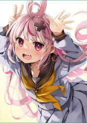 Rule 34 | 1girl, :d, ahoge, animal ears, arms up, black sailor collar, commentary request, fang, hair ornament, highres, indie virtual youtuber, long hair, long sleeves, looking at viewer, multicolored hair, natsume eri, neckerchief, open mouth, pink hair, pleated skirt, puffy long sleeves, puffy sleeves, rabbit ears, red eyes, red hair, sailor collar, school uniform, serafuku, shirt, short eyebrows, skirt, smile, solo, streaked hair, thick eyebrows, tomari mari, very long hair, virtual youtuber, white serafuku, white shirt, white skirt, x hair ornament, yellow neckerchief