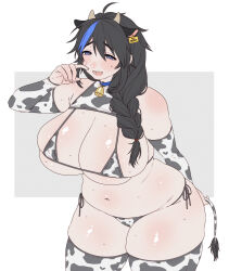 Rule 34 | 1girl, ahoge, animal ears, arm behind back, bell, bikini, blue eyes, blush, breasts, cleavage, collar, commission, cow print, cow print bikini, cow tail, cowboy shot, detached sleeves, ear tag, grey background, highres, horns, huge breasts, leaning forward, long hair, micro bikini, multicolored hair, muroku (aimichiyo0526), navel, neck bell, open mouth, original, print bikini, shoulder blush, simple background, skeb commission, skindentation, solo, string bikini, sweat, swimsuit, tail, tareme, thick thighs, thighhighs, thighs, two-tone hair, white background