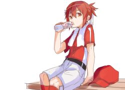 Rule 34 | 1girl, baseball cap, bottle, closed mouth, feet out of frame, hair between eyes, hand up, hat, highres, holding, holding bottle, knees up, looking at viewer, red eyes, red hair, red hat, red shirt, red socks, shirt, short sleeves, shorts, simple background, sitting, socks, solo, sweat, towel, towel around neck, unworn hat, unworn headwear, water bottle, white background, white shorts, xuu shi times, yuuki yuuna, yuuki yuuna wa yuusha de aru, yuusha de aru