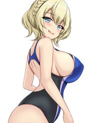 Rule 34 | 1girl, ass, black one-piece swimsuit, blonde hair, blue eyes, blue one-piece swimsuit, braid, breasts, colorado (kancolle), competition swimsuit, covered navel, cowboy shot, dated, highres, impossible clothes, impossible swimsuit, kantai collection, large breasts, looking back, montemasa, multicolored clothes, multicolored swimsuit, one-hour drawing challenge, one-piece swimsuit, short hair, solo, swimsuit, twitter username, two-tone swimsuit
