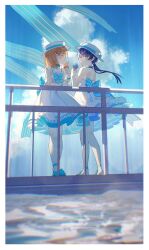 Rule 34 | 2girls, against railing, back bow, backless dress, backless outfit, blue bow, blue choker, blue sky, boater hat, border, bow, braid, choker, chromatic aberration, closed eyes, closed mouth, cloud, dkou, dress, dress bow, facing another, food, full body, gloves, hair bow, hair ornament, hand on railing, hat, hat bow, highres, hinoshita kaho, holding, holding food, holding ice cream, holding ice cream cone, ice cream, ice cream cone, light smile, link! like! love live!, long hair, looking at another, love live!, medium hair, multiple girls, murano sayaka, open mouth, orange hair, rabbit hair ornament, railing, ribbon-trimmed gloves, ribbon choker, ribbon trim, side ahoge, side braids, sky, sleeveless, smile, spaghetti strap, strapless, strapless dress, striped bow, white border, white dress, white gloves, white headwear