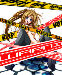 Rule 34 | 1girl, :o, blonde hair, blue eyes, blush, breasts, caution tape, censored, faintear, long hair, looking at viewer, nanairo souga, open mouth, ponytail, simple background, solo, souga nanairo, thighhighs, trigger heart exelica, underboob, very long hair, white background