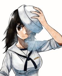 Rule 34 | 10s, 1girl, adjusting clothes, adjusting headwear, black eyes, black hair, black neckerchief, blouse, closed mouth, commentary, dixie cup hat, frown, girls und panzer, hat, hat over one eye, long hair, long sleeves, looking at viewer, meis (terameisu), military hat, murakami (girls und panzer), neckerchief, ooarai naval school uniform, sailor, sailor collar, school uniform, shirt, simple background, sleeves rolled up, solo, standing, upper body, white background, white hat, white shirt