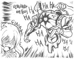Rule 34 | 1girl, airborne, angry, emphasis lines, english text, extra arms, eyes in shadow, flower, gameplay mechanics, genshin impact, greyscale, hair flower, hair ornament, korean text, lumine (genshin impact), monochrome, open mouth, riffle hunter, ruin hunter (genshin impact), shaded face, short hair, sketch, wavy mouth