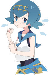 Rule 34 | 1girl, blue eyes, blue hair, blush, closed mouth, creatures (company), game freak, ixy, lana (pokemon), looking at viewer, nintendo, one-piece swimsuit, pokemon, pokemon sm, short hair, simple background, sleeveless, solo, swimsuit, swimsuit under clothes, white background