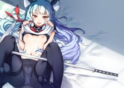 Rule 34 | 10s, 1girl, bad id, bad twitter id, black gloves, black pantyhose, blue hair, breasts, brown eyes, clothes lift, feet, fingerless gloves, foreshortening, gloves, headgear, jpeg artifacts, kantai collection, legs up, long hair, looking at viewer, lying, murakumo (kancolle), navel, nipples, on back, panties, panties under pantyhose, pantyhose, polearm, sailor collar, shirt lift, small breasts, solo, super zombie, thighband pantyhose, tongue, tongue out, underwear, weapon, white panties