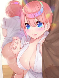 Rule 34 | 1girl, ass, blue eyes, blush, collared shirt, convenient arm, curtains, dress shirt, go-toubun no hanayome, highres, leaning forward, lens flare, looking at viewer, mirror, nakano ichika, naked shirt, no bra, parted lips, partially unbuttoned, pink hair, shirt, short hair, short sleeves, solo, unbuttoned, unbuttoned shirt, waterring, white shirt, wing collar