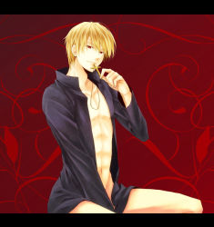 Rule 34 | 1boy, blonde hair, cross, fate/zero, fate (series), gilgamesh (fate), highres, kanade (reveryearth), letterboxed, male focus, naked shirt, open clothes, open shirt, red background, red eyes, shirt, solo