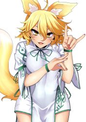 Rule 34 | 1girl, ahoge, animal ears, blonde hair, commentary, cowboy shot, double fox shadow puppet, fox ears, fox girl, fox shadow puppet, fox tail, hair between eyes, highres, kitsune, kudamaki tsukasa, looking at viewer, open mouth, rihito (usazukin), simple background, solo, tail, touhou, white background, white romper, yellow eyes