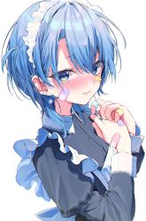 Rule 34 | 1girl, alternate costume, apron, bandaid, bandaid on face, bandaid on hand, black dress, blue eyes, blue hair, blush, closed mouth, collar, commentary request, dress, ear piercing, earrings, frilled apron, frills, hair between eyes, harui (hr x9 ), highres, hololive, hoshimachi suisei, jewelry, lace-trimmed collar, lace trim, long sleeves, looking at viewer, maid, maid apron, maid headdress, medium hair, nose blush, one side up, piercing, puffy sleeves, simple background, solo, star (symbol), star earrings, star in eye, symbol in eye, virtual youtuber, white apron, white background, white collar, white wrist cuffs, wrist cuffs