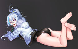 Rule 34 | 1girl, bad id, bad pixiv id, bare legs, barefoot, black background, black one-piece swimsuit, blue hair, commentary request, crossed ankles, ephnel, feet, feet up, fur-trimmed jacket, fur trim, gloves, hair between eyes, high ponytail, highres, hood, hooded jacket, jacket, jacket over swimsuit, kibellin, korean commentary, legs up, long hair, looking at viewer, lying, multicolored hair, on stomach, one-piece swimsuit, open mouth, pointing, pointing up, ponytail, purple eyes, sidelocks, silver hair, simple background, soles, solo, soulworker, streaked hair, swimsuit, the pose, toes, white jacket