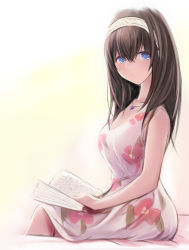 Rule 34 | 1girl, bare arms, black hair, blue eyes, blush, book, breasts, dress, floral print, hair between eyes, hair over shoulder, hairband, idolmaster, idolmaster cinderella girls, jewelry, long hair, looking to the side, medium breasts, nannacy7, necklace, open book, sagisawa fumika, simple background, sitting, sleeveless, sleeveless dress, smile, solo, white background, white dress