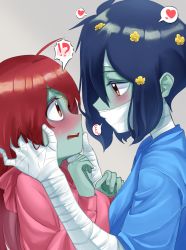 Rule 34 | !?, 10s, 2girls, ahoge, asymmetrical docking, bad id, bad pixiv id, bandaged arm, bandaged head, bandaged neck, bandages, black hair, blue shirt, blue skin, blush, bow, breast press, brown eyes, colored skin, commentary request, eye contact, fingernails, flower, grey background, hair bow, hair flower, hair ornament, hands on another&#039;s face, heart, highres, imminent kiss, long hair, long sleeves, looking at another, minamoto sakura, mizuno ai, multiple girls, pink shirt, red hair, scar, shirt, simple background, spoken heart, spoken interrobang, tamayume, teeth, upper body, upper teeth only, yuri, zombie, zombie land saga