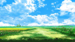 Rule 34 | anchoku 0621, blue sky, cloud, cloudy sky, commentary request, day, fence, field, grass, green theme, highres, original, outdoors, rural, scenery, sky, summer