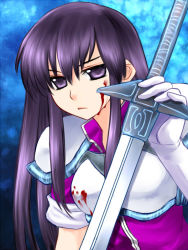 Rule 34 | 1girl, 74, armor, ayra (fire emblem), black hair, blood, elbow gloves, fire emblem, fire emblem: genealogy of the holy war, gloves, injury, long hair, nintendo, purple eyes, serious, solo, sword, upper body, weapon, white gloves
