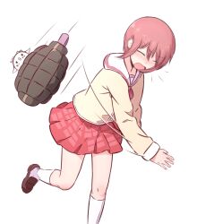Rule 34 | 1girl, absurdres, artist logo, artist name, blush, bow, bowtie, brown footwear, closed eyes, commentary, embarrassed, english commentary, explosive, foot out of frame, foot up, grenade, hair behind ear, hair between eyes, highres, incoming attack, kurumimi birb, loafers, motion lines, nichijou, nose blush, notice lines, open mouth, pink bow, pink bowtie, pink hair, pink skirt, plaid, plaid skirt, pleated skirt, sailor collar, school uniform, serafuku, shirt, shoes, short hair, shouting, sidelocks, signature, simple background, skirt, socks, solo, standing, standing on one leg, tachibana misato, throwing, tokisadame school uniform, tsundere, v-shaped eyebrows, very short hair, white background, white sailor collar, white socks, yellow shirt
