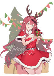Rule 34 | 1girl, absurdres, baobhan sith (fate), belt, box, breasts, capelet, christmas, christmas tree, dress, fake antlers, fate/grand order, fate (series), fur-trimmed dress, fur trim, gift, gift box, grey eyes, hairband, highres, long hair, looking at viewer, medium breasts, open mouth, pink hair, pointy ears, red capelet, red dress, santa dress, sidelocks, smile, solo, thighs, tiara, ura illust