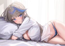 Rule 34 | 1girl, airi kanna, bed sheet, blue eyes, blue hair, blue panties, blush, bra, bra peek, breasts, brown hair, cleavage, commentary request, head on pillow, highres, indoors, kanzarin, large breasts, long hair, looking at viewer, lying, midriff, multicolored hair, navel, no pants, on bed, on side, panties, shirt, sleeves rolled up, smile, solo, stellive, stomach, streaked hair, thigh gap, underwear, virtual youtuber, white shirt