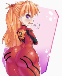 Rule 34 | 1girl, ass, blue eyes, blush, bodysuit, brown hair, cowboy shot, crossed arms, curvy, embarrassed, hair between eyes, highres, huge ass, legs together, long hair, looking at viewer, looking back, narrow waist, neon genesis evangelion, open mouth, petite, plugsuit, red bodysuit, shiny clothes, shiny skin, simple background, solo, souryuu asuka langley, tsundere, turtleneck, two side up, white background, wide hips, wintermaul