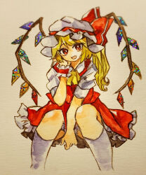 Rule 34 | 1girl, ascot, between legs, blonde hair, crystal, feet out of frame, flandre scarlet, frilled skirt, frills, glitter, hand between legs, hand on own cheek, hand on own face, hat, hat ribbon, head tilt, key747h, long hair, looking at viewer, mob cap, multicolored wings, one side up, open mouth, photo (medium), puffy short sleeves, puffy sleeves, red eyes, red ribbon, red skirt, red vest, ribbon, shirt, short sleeves, skirt, skirt set, socks, solo, teeth, touhou, traditional media, upper teeth only, vest, white background, white shirt, white socks, wings, wrist cuffs, yellow ascot