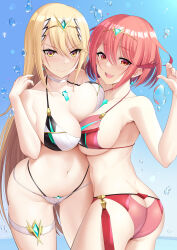 Rule 34 | 2girls, artist request, ass, ass cutout, asymmetrical docking, bikini, breast press, breasts, butt crack, chest jewel, cleavage, clothing cutout, daive, earrings, groin, highres, jewelry, large breasts, looking at viewer, multiple girls, mythra (xenoblade), navel, open mouth, pyra (xenoblade), red bikini, red eyes, swimsuit, thigh strap, underboob, water, white bikini, xenoblade chronicles (series), xenoblade chronicles 2, yellow eyes