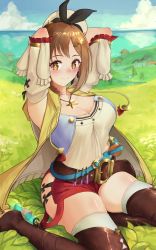 Rule 34 | 1girl, arms behind head, atelier (series), atelier ryza, atelier ryza 1, belt, black ribbon, blue belt, blue sky, blush, boots, breasts, bridal legwear, brown belt, brown eyes, brown hair, cleavage, closed mouth, cloud, commentary, day, flask, gloves, grass, hair ornament, hair ribbon, hairclip, highres, ippers, jacket, jewelry, large breasts, leather, leather belt, leather gloves, looking at viewer, necklace, ocean, outdoors, red shorts, reisalin stout, ribbon, round-bottom flask, scenery, short shorts, shorts, single glove, sitting, sky, sleeveless, sleeveless jacket, smile, star (symbol), star necklace, tassel, thick thighs, thighhighs, thighs, toeless footwear, vial, wariza, water, white headwear, yellow jacket