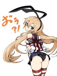Rule 34 | 1girl, :o, arms behind back, bdsm, blonde hair, bondage, bound, bound arms, breasts, commentary request, dress, elbow gloves, gloves, hairband, highres, kantai collection, kinbakuman, long hair, looking at viewer, looking back, midriff, sailor collar, sailor dress, sailor shirt, shibari, shimakaze (kancolle), shirt, sideboob, skindentation, striped clothes, striped thighhighs, thighhighs, white background