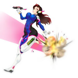 Rule 34 | 1girl, absurdres, bodysuit, breasts, brown eyes, brown hair, chewing gum, covered erect nipples, d.va (overwatch), face paint, full body, gloves, gun, handgun, headphones, highres, impossible clothes, large breasts, legs, long hair, looking at viewer, matching hair/eyes, narrow waist, overwatch, overwatch 1, pink background, pistol, solo, two-tone background, weapon, white background, white gloves, zcune
