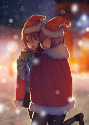 Rule 34 | 2girls, alternate costume, black skirt, blurry, blurry background, blush, brown hair, christmas, crying, depth of field, fate/grand order, fate (series), fujimaru ritsuka (female), hair between eyes, hair over one eye, hat, holding, hug, leg up, long sleeves, looking at viewer, mash kyrielight, multiple girls, open mouth, pantyhose, purple hair, santa costume, scarf, short hair, signature, skirt, sleeves past wrists, snow, sweater, teeth, winter, winter clothes, xiaosan ye