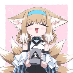Rule 34 | 1girl, :d, = =, animal ear fluff, animal ears, arknights, bare shoulders, blue hairband, blush, braid, braided hair rings, brown hair, closed eyes, commentary request, cup, facing viewer, fox ears, fox girl, fox tail, hair rings, hairband, highres, holding, holding cup, kitsune, kyuubi, mug, multicolored hair, multiple tails, open mouth, pink background, shirt, smile, solo, steam, suzuran (arknights), tail, twin braids, two-tone background, two-tone hair, white background, white hair, white shirt, yachima tana