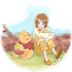 Rule 34 | 10s, 1girl, animal, bear, brown eyes, brown hair, crossover, disney, english text, eyelashes, happinesscharge precure!, happy, honey, looking at another, name connection, object namesake, oomori yuuko, overalls, pooh, precure, red shirt, ribbon, shirt, shoes, short hair, sitting, smile, solo, trait connection, tsukikage oyama, winnie the pooh, yellow shirt