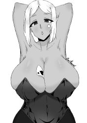 Rule 34 | 1girl, absurdres, arms behind head, arms up, between breasts, breasts, card, cerebella (skullgirls), collarbone, covered navel, facing viewer, greyscale, highres, huge breasts, leotard, looking at viewer, monochrome, no headwear, omikami yo, playing card, skullgirls, solo, upper body