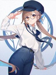 Rule 34 | 1girl, absurdres, arm up, belt, belt buckle, black belt, blue hat, blue pants, brown eyes, brown hair, buckle, cabbie hat, closed mouth, collared shirt, commentary request, dress shirt, hat, highres, honkai (series), honkai impact 3rd, huang tie lin, li sushang, long hair, long sleeves, looking at viewer, low twintails, pants, shirt, smile, solo, twintails, very long hair, w, white shirt