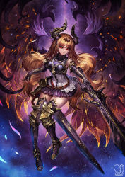 Rule 34 | 1girl, armor, armored dress, big hair, blonde hair, closed mouth, commentary, commission, dark angel olivia, elbow gloves, english commentary, gloves, hair ornament, highres, holding, holding sword, holding weapon, holster, horns, looking at viewer, armored boots, pleated skirt, purple skirt, red eyes, sa-dui, shingeki no bahamut, signature, skirt, smile, spread wings, sword, weapon