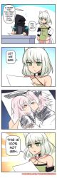 Rule 34 | 1girl, 3boys, 4koma, absurdres, animal ears, ansel (arknights), arknights, astolfo (fate), astolfo (saber) (fate), bare shoulders, blush, choker, collarbone, comic, commentary, crossover, doctor (arknights), drawing, drawing (object), dress, english commentary, fake animal ears, fate/apocrypha, fate (series), flying sweatdrops, green dress, green eyes, highres, hinghoi, holding, holding drawing, holding paper, kal&#039;tsit (arknights), kiss, meme, multiple boys, off shoulder, open mouth, paper, pencil, pink hair, rabbit ears, short hair, silver hair, speech bubble, trap, watermark, web address