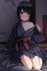 Rule 34 | 1girl, absurdres, arm support, bare shoulders, black hair, blush, bow, brown eyes, closed mouth, grey kimono, hair between eyes, highres, indoors, japanese clothes, kimono, long sleeves, looking at viewer, matsunaga kouyou, nose blush, obi, off shoulder, original, pulling own clothes, red bow, sash, seiza, short hair, sitting, smile, solo, striped, striped bow, undressing, wide sleeves