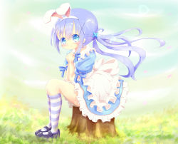 Rule 34 | 1girl, 22m, animal ears, apron, black footwear, blue bow, blue dress, blue eyes, blue hair, blue sky, blue socks, bow, cloud, day, dress, fake animal ears, female focus, frilled dress, frills, from side, full body, gochuumon wa usagi desu ka?, grass, hair ornament, hairband, hairclip, hands up, kafuu chino, kneehighs, long hair, looking at viewer, maid, maid apron, open mouth, outdoors, own hands together, rabbit ears, shoes, sitting, sky, smile, socks, solo, striped clothes, striped socks, tree stump, x hair ornament