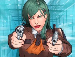 Rule 34 | 10s, 1girl, blew andwhite, dual wielding, gradient background, green eyes, green hair, gun, holding, kantai collection, long hair, matching hair/eyes, military, military uniform, milla jovovich, real life, realistic, resident evil, solo, striped, striped background, suzuya (kancolle), uniform, weapon