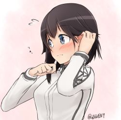 Rule 34 | 1girl, adjusting hair, black hair, blue eyes, blush, closed mouth, embarrassed, flying sweatdrops, frown, hair flaps, hand in own hair, hands up, hayasui (kancolle), hua jia, jacket, kantai collection, long sleeves, looking away, pink background, short hair, simple background, solo, tareme, track jacket, translation request, twitter username, upper body, white jacket, zipper